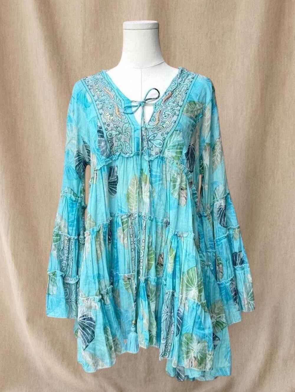 Zury blue mini dress with bell sleeves and tie front detail